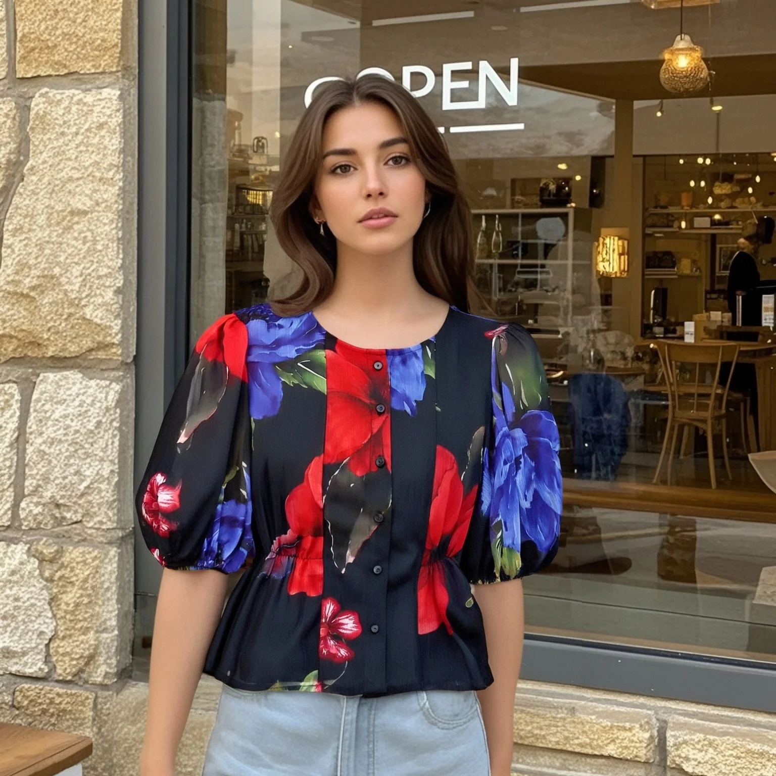 

2025 Womens Round Neck Puff Sleeve Blouse with Large Floral Print Button Front and Peplum Hem for Daily Wear