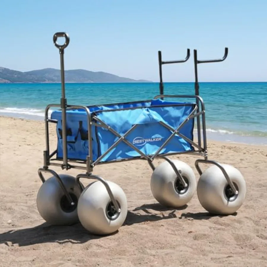 Beach wagon for sand use, steel frame, black, heavy-duty 300 lbs capacity with collapsible chair racks and quick-release forks