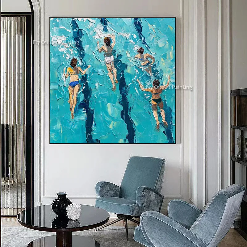 Handmade Modern People Swimming In The Pool Artwork Blue Water Canvas Art People Play In Pool Thick Oil Painting  For Decor
