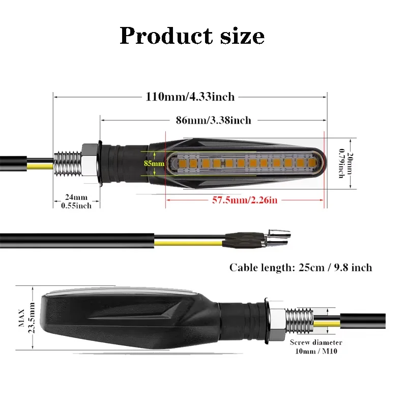 Motorcycle LED Turn Signal Indicator Lights Amber Flasher Lamp Flowing Water Blinker Built Relay 12LED Motorcycle Flashing Light