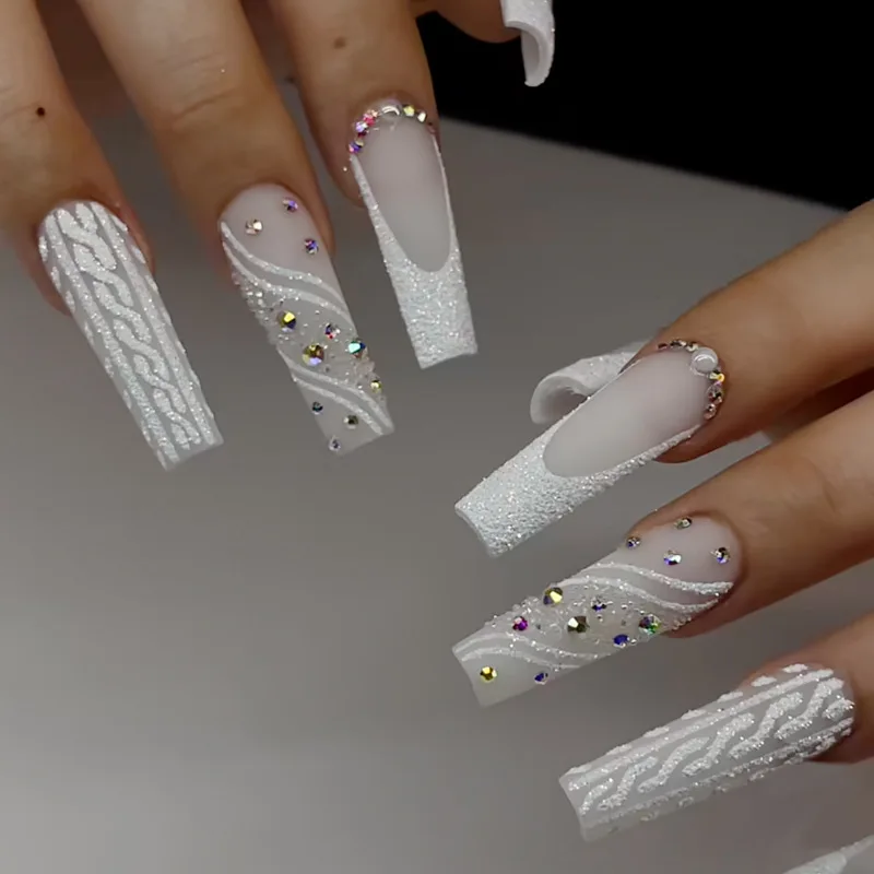 

24Pcs Long Square Head Press on False Nails White Shiny Powder French Full Cover Nails Tips with Rhinestone Detachable Fake Nail