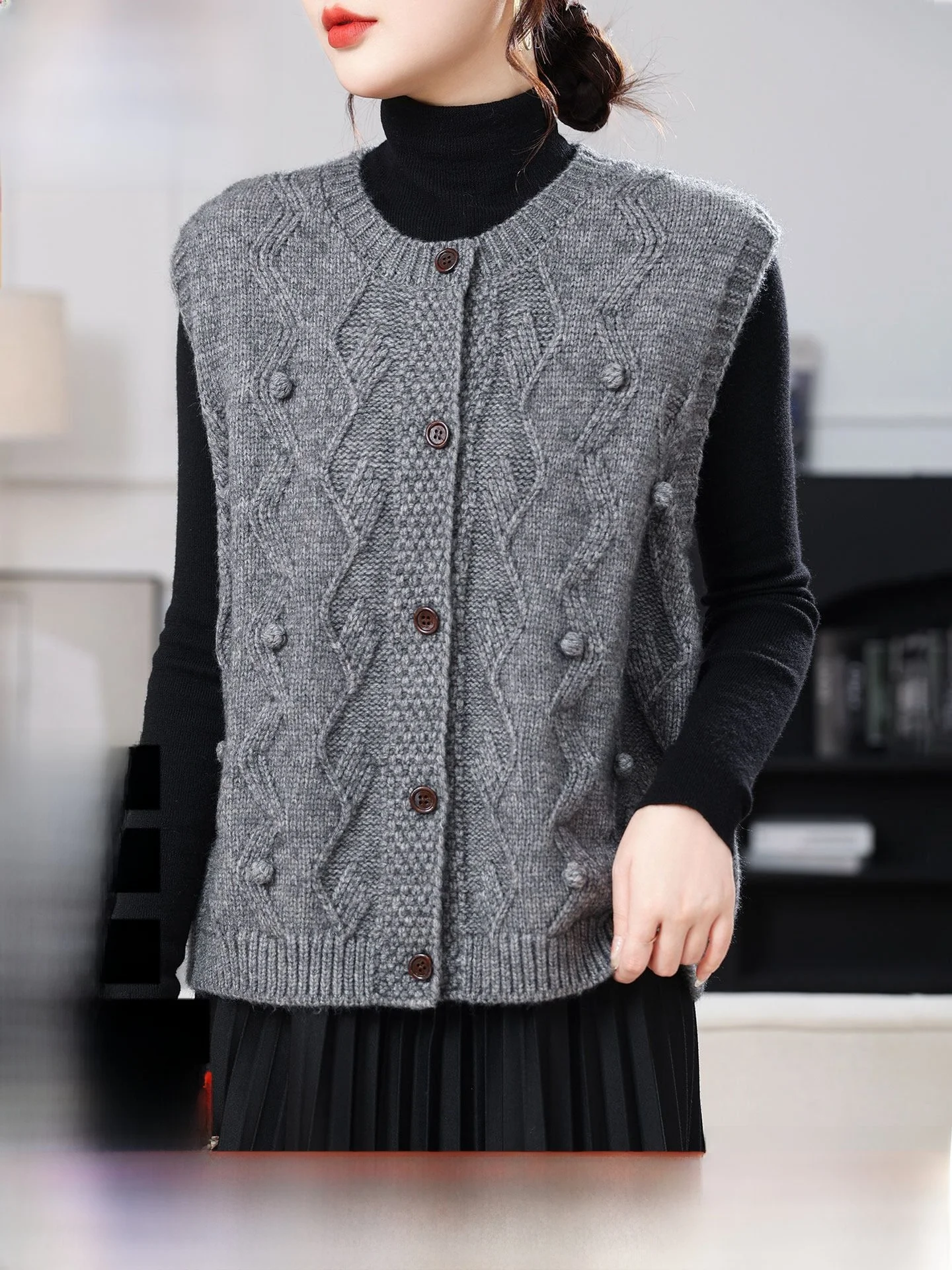 

Erdos Spring round Ne Svel Wool Knitted Open Cardigan Women's New Sle Pure Color Faionable Vest Outerwear
