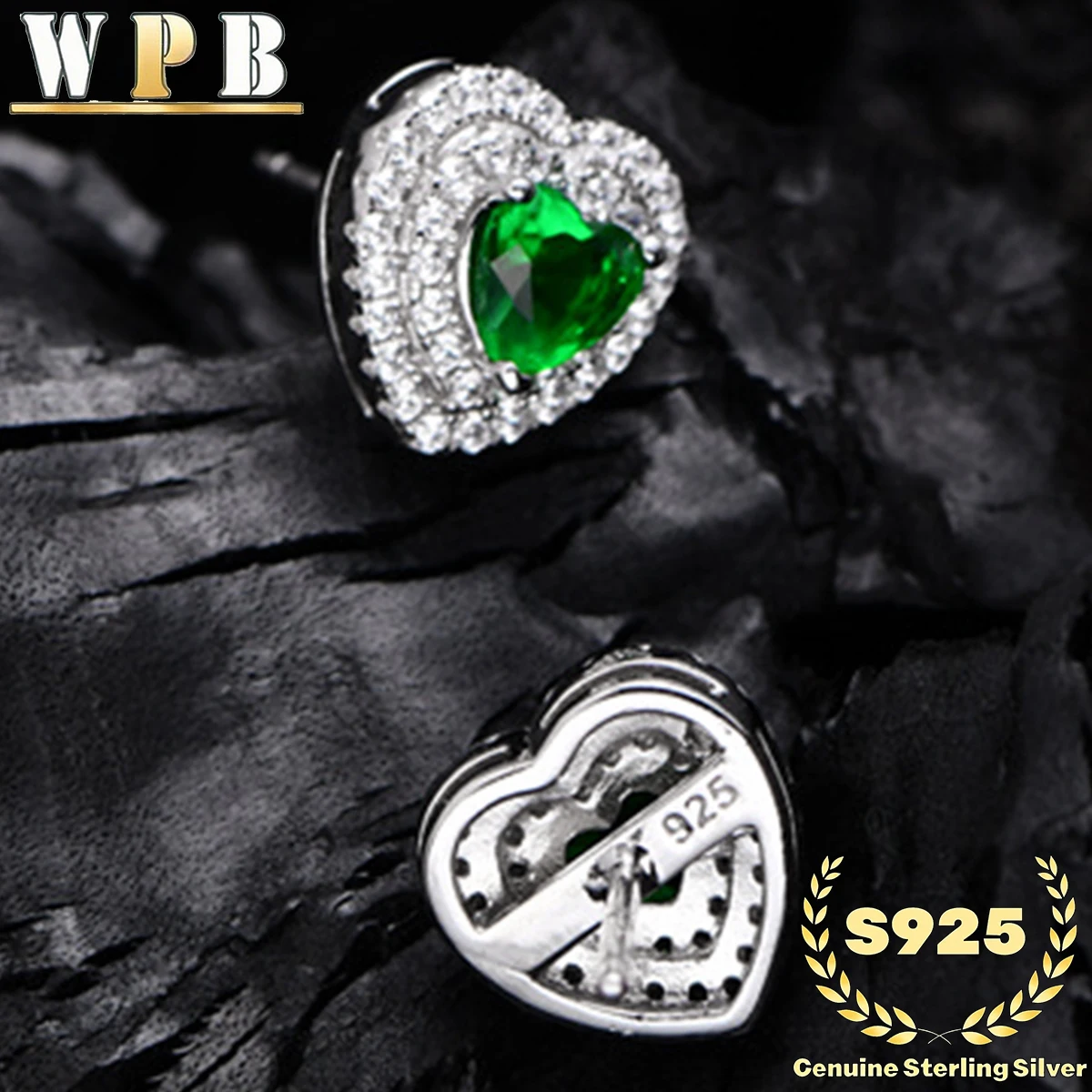 S925 Sterling Silver Stud Earrings Double Heart Green Zircon Halo Prong Setting for Women Valentine Gift Everyday Wear