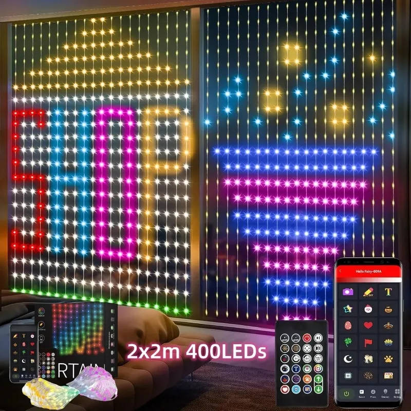 400LEDs Smart Curtain Lights Bluetooth App Control DIY LED String RGB Fairy Lights Music Change Display for Window Bedroom Decor