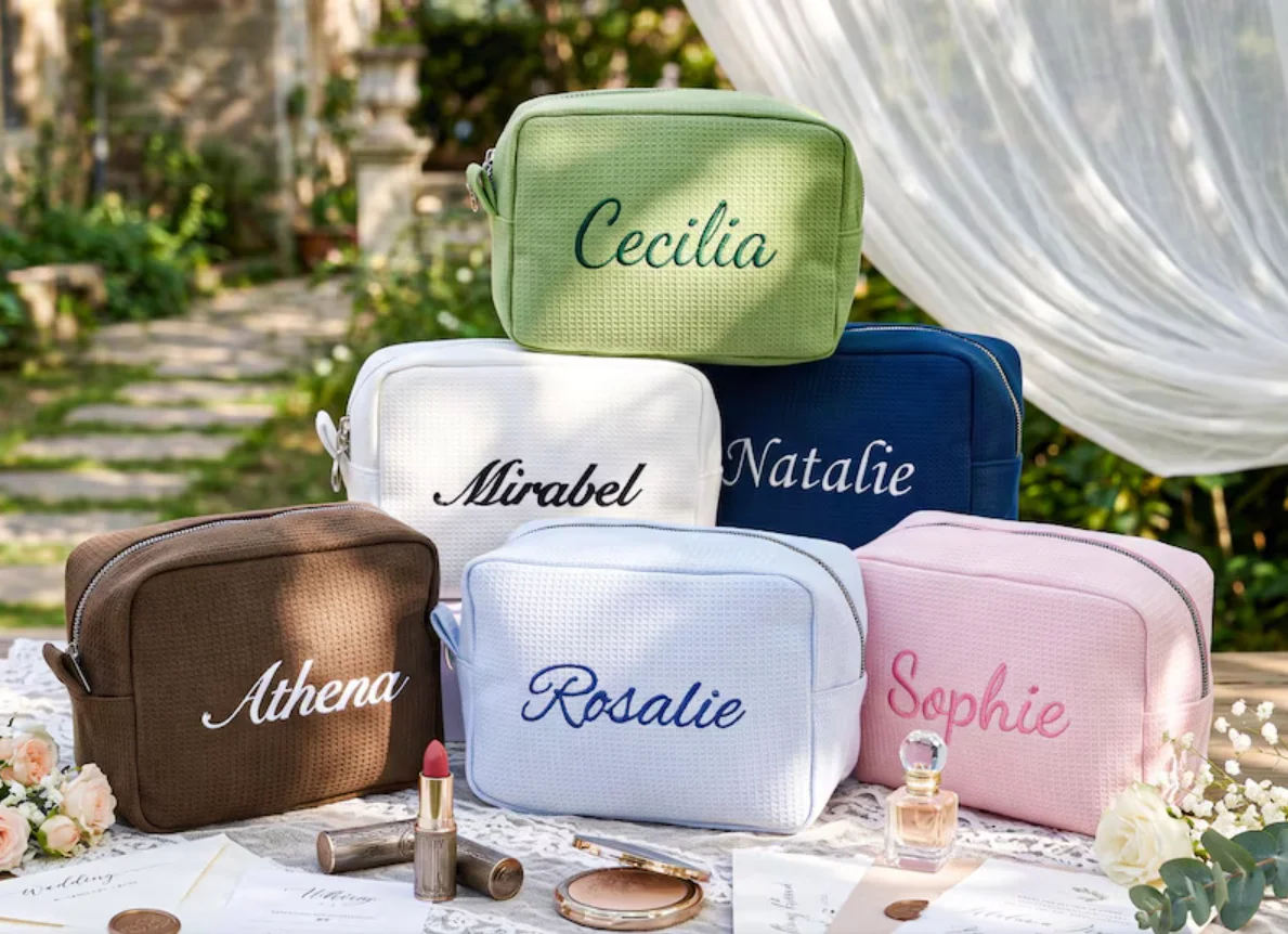 Personalized Waffle Makeup Bag, Custom Embroidered Cosmetic Pouch, Monogram Toiletry Bag