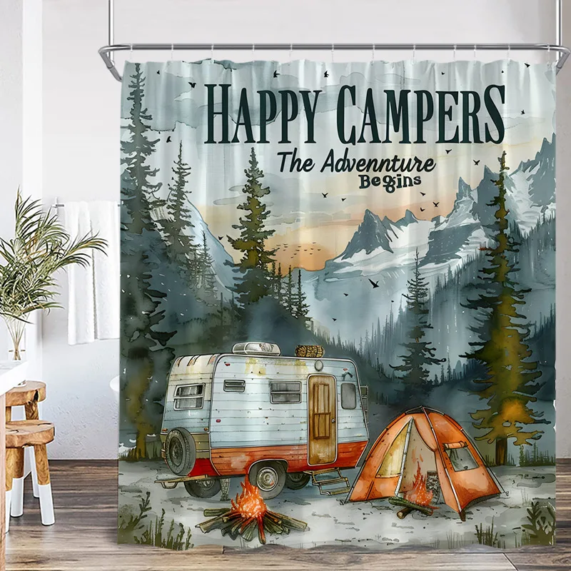 Vintage Camping Shower Curtains Abstract Mountain Camper Forest Scenery Polyester Fabric Home Bathroom Curtain Decor with Hooks