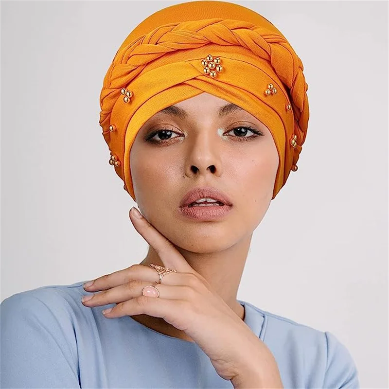 Beading Braid Turban Caps for Women Muslim Beanie Hat Islamic Headwear Female Head Wraps Indian Hats Lady Hair Loss Cover Bonnet