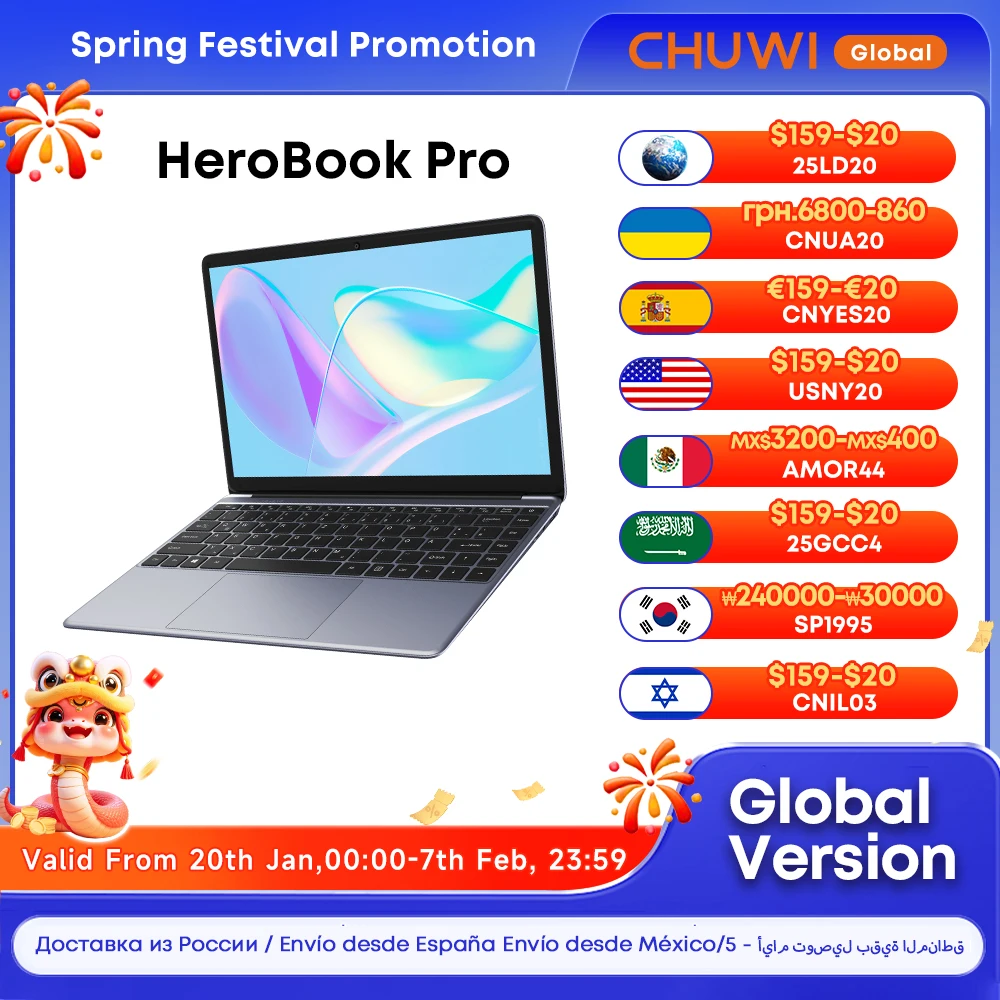 CHUWI HeroBook Pro Laptop Schermo IPS da 14,1 pollici 8 GB RAM 256 GB SSD Intel Celeron N4020 Dual Core Sistema Windows 11 Computer PC