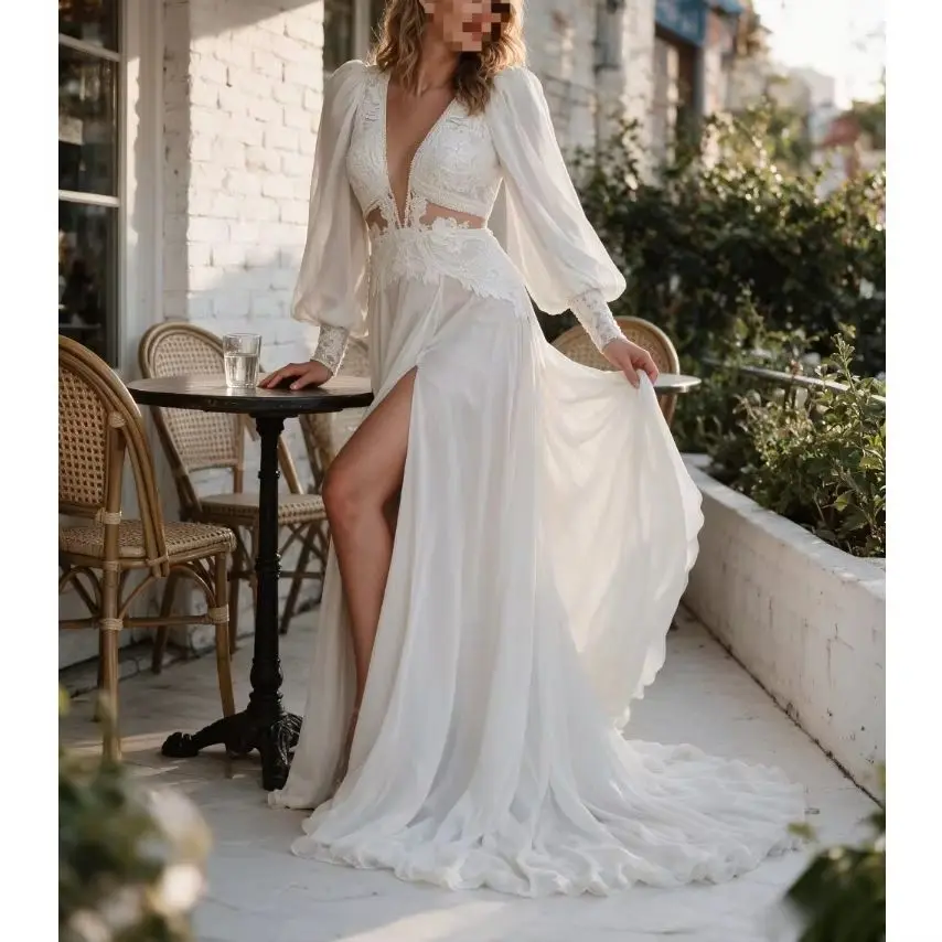 Customized Deep V-neck Chiffon Lace Wedding Dresses with New Fluffy Sleeves High Seam Backless Bohemian Bridal Gown for 2026