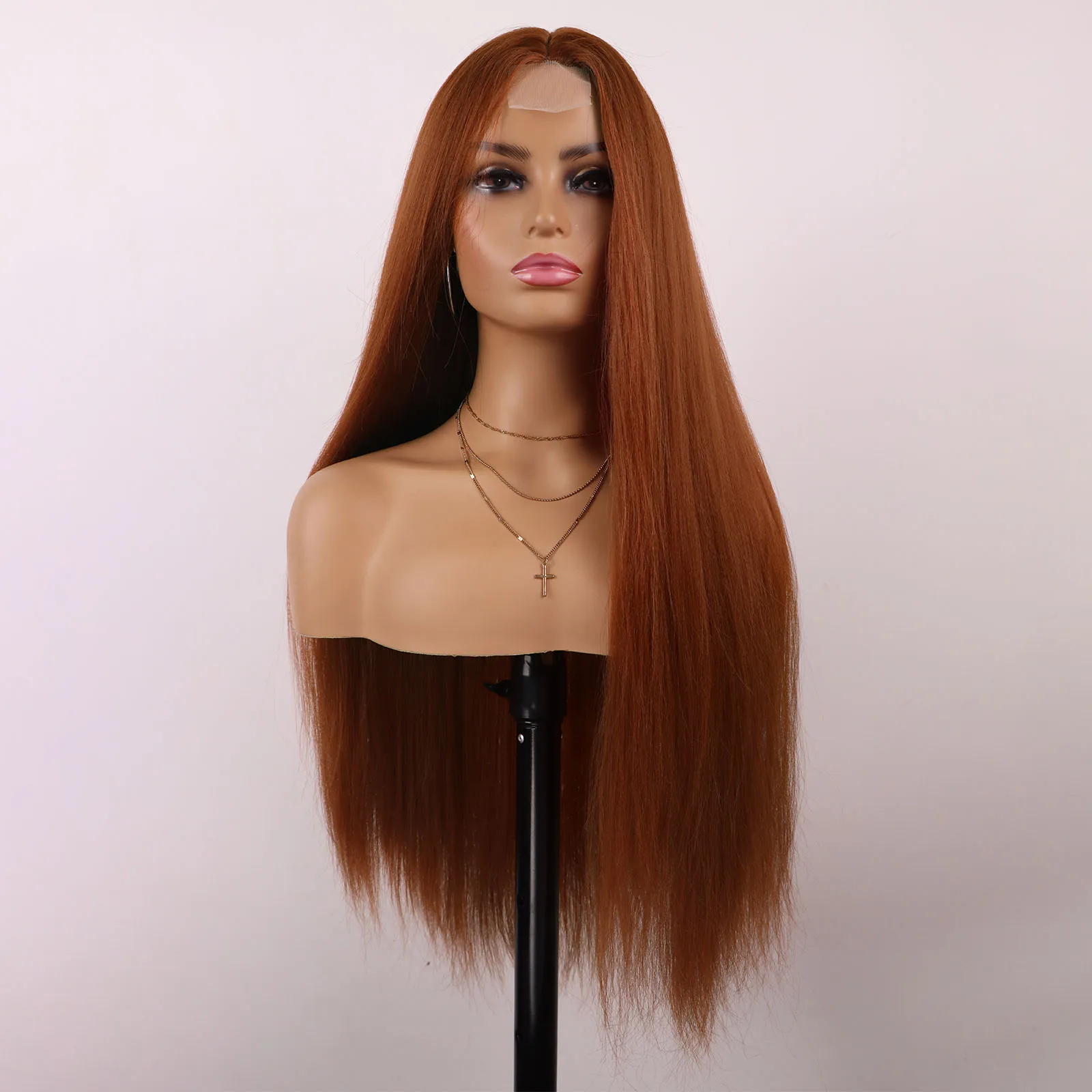 32 Inch Long Yaki Straight Wig for Black Women Middle Part Lace Hairline Wig Heat Resistant Synthetic Wig for Daily Party Use