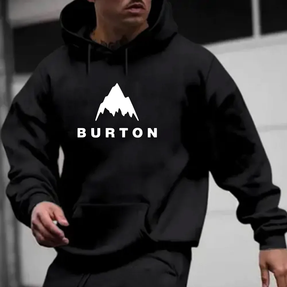 BURTON Letter Mountain Shadow Printed Men's Long Sleeve Hoodie with Kangaroo Pocket and Drawstring Fashion Autumn/ Winter Casual