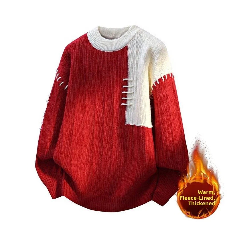 

Мужской вязаный свитер с круглым вырезом, утепленный, осенне-зимний, повседневный, модный, молодежный, с цветными блоками, теплый, из полиэфирного волокна