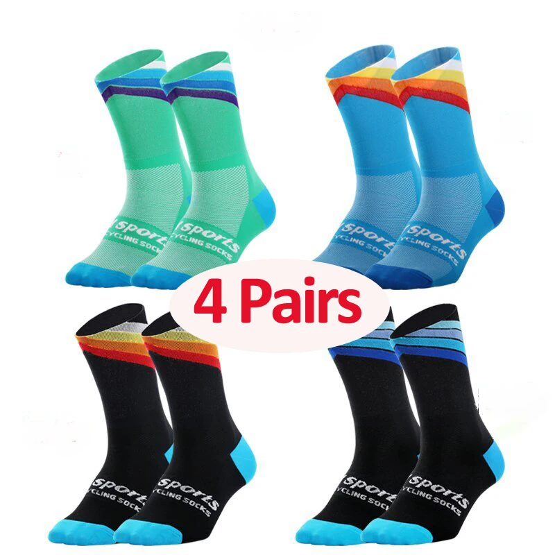 

[4 Pairs] Cycling Socks, Running and Hiking Competition Sports Socks, Breathable and Moisture-Wicking Mid-Calf Casual Trendy Socks