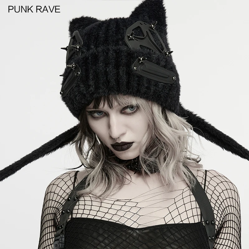 PUNK RAVE Women's Punk Future Imitation Mink Fur Cat Ear Futuristic Hat Rivets Adjustable Sizing Warm Party Club Accessories