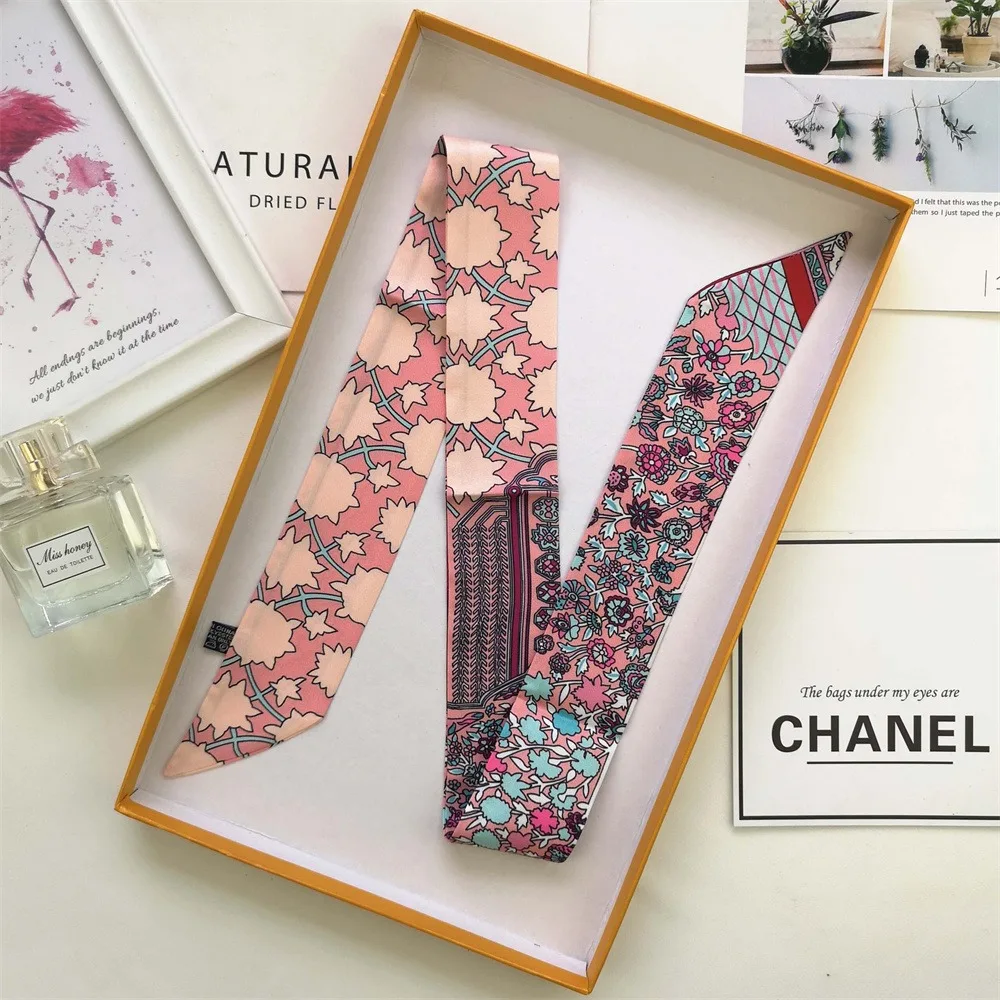 European and American Printed Silk Scarf Twill Tie Bag Handle Ribbon Sunscreen Varied Headscarf Streamer Women's Scarf 5*90cm