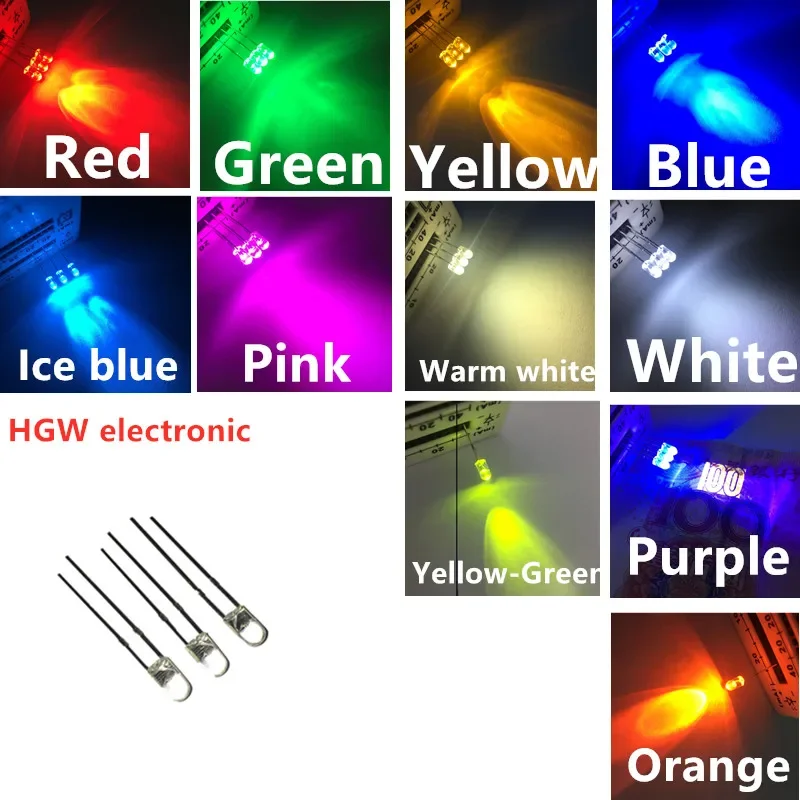 100pcs 3mm LED round head light-emitting diode highlighted red yellow blue green purple purple, white, ice blue, ikbc lamp beads