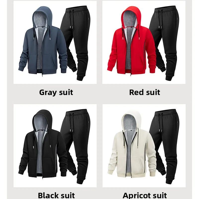 2025 الخريف والشتاء جديد سميكة الصوف قطعتين مجموعة مقنعين سترة صوف الضأن البلوز الرجال بدلة رياضية غير رسمية