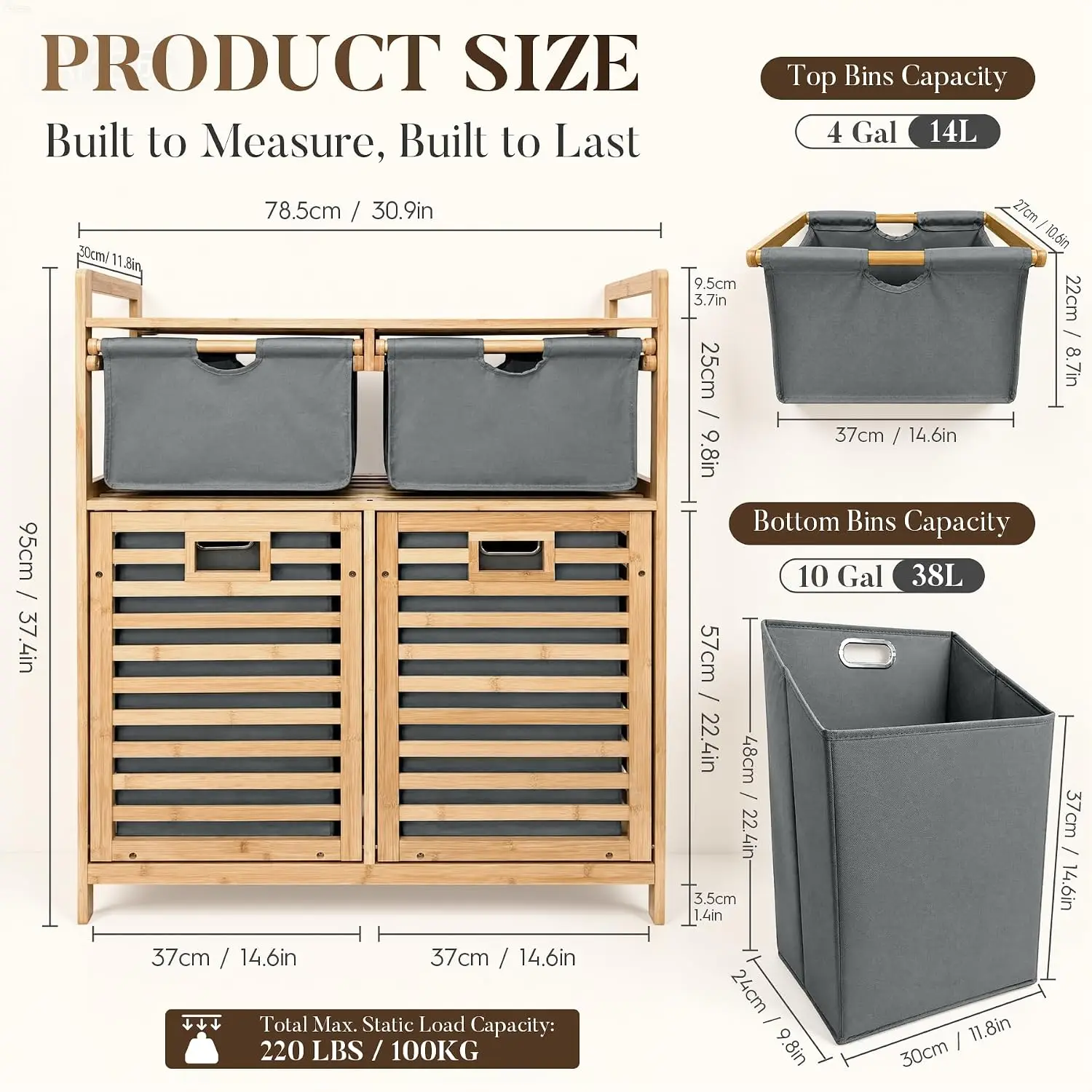 Tilt Out Laundry Hamper Cabinet, Bamboo, Gray & Natural, Customized