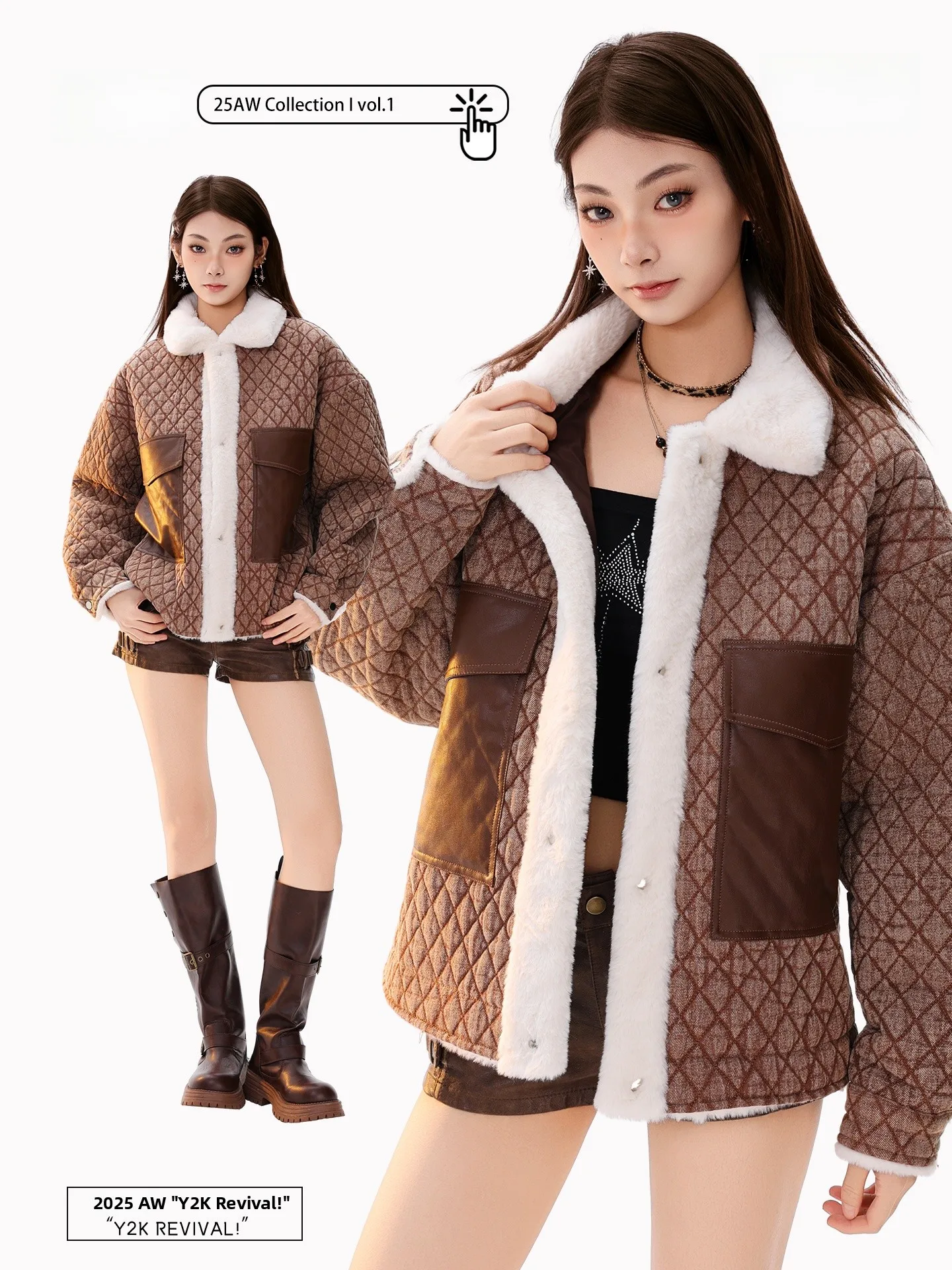 

PBB Little Fragrance Style Thickened Velvet Cotton Jacket Women's White Fur Collar Diamond Pattern Warm Cotton Coat