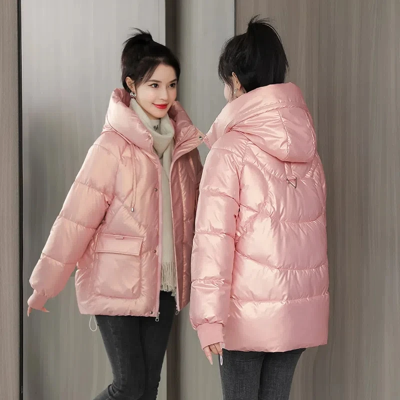 Chaqueta de invierno para mujer, abrigo de algodón brillante, chaqueta acolchada de algodón holgada coreana, Parkas con capucha para mujer, prendas