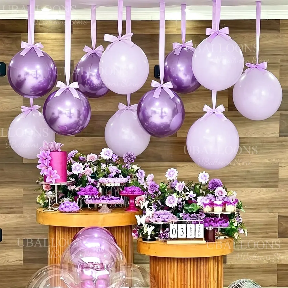 10 Stück 18'' Metallic Lila Luftballons mit Satinband, Hängende Hellpurpurne Ballons für Geburtstag, Hochzeit, Babyparty, Partydekoration – Detail 3