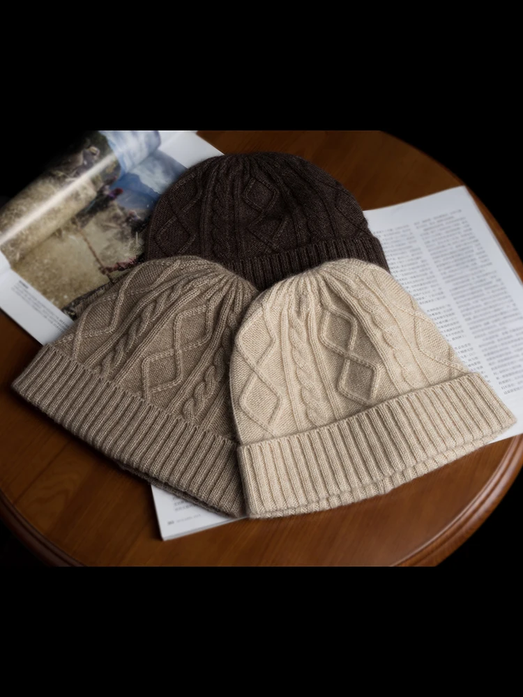 Winter Cable Cashmere 35% Beanie Caps Thick Knit Hat Ribs Warm Women Soft Wool Autumn Skullies Real Pushmina Guaranteed