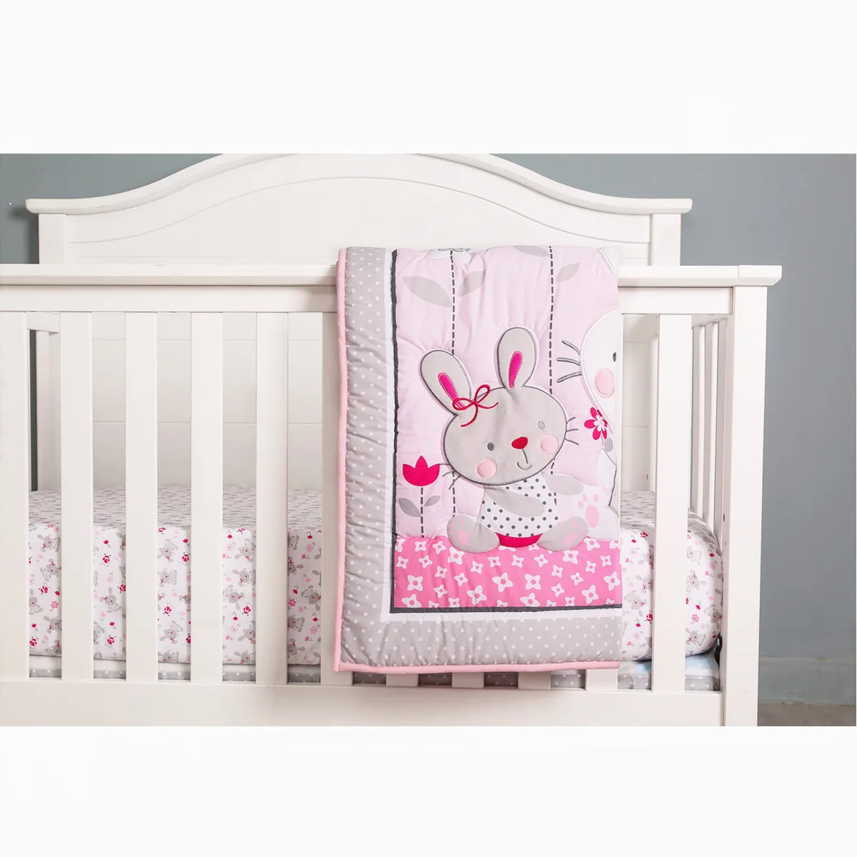 3Pcs Rabbit Embroidered Crib Bedding Set for Girls Baby Nursery Bedding Sets Neutral (Baby Comforter Fitted Sheet Crib Skirt)