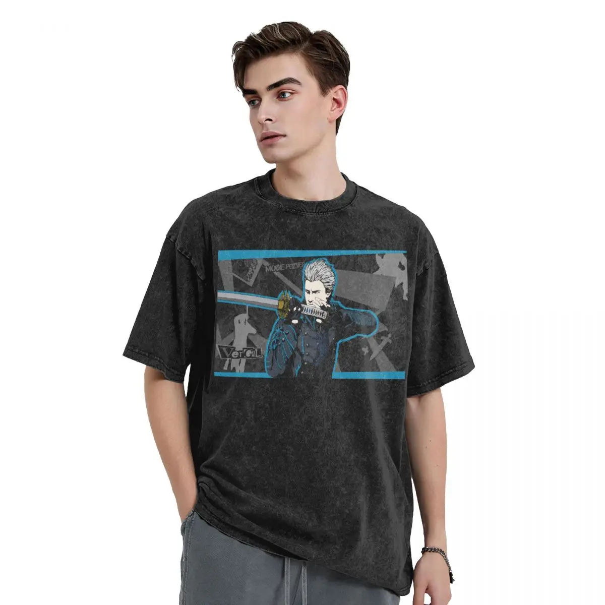 Vergil From The Devil May Cry Series Washed T Shirts Cotton Short Sleeve Hip Hop T-Shirt Streetwear Tops Tees for Men Women