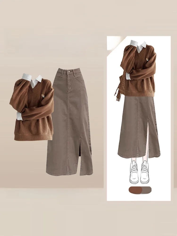 

Модный вязаный вязаный свитер, женская юбка с разрезом и высокой талией, комплект из двух предметов, осенний сезон, повседневная одежда с воротником