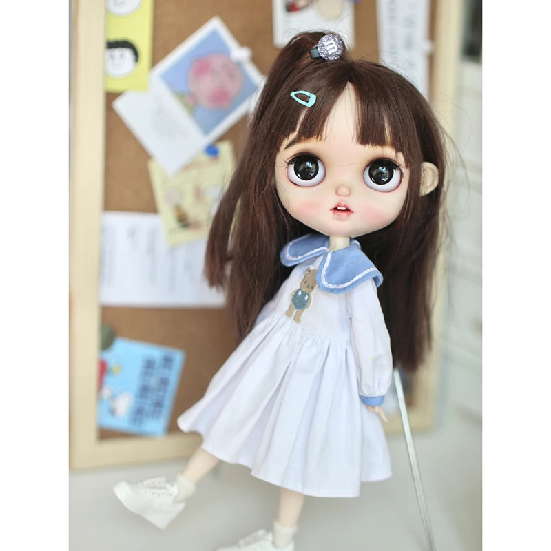 New Arrival 1Pcs Cute Collar Bear Dress Summer White Nightdress for Blyth Doll Clothes Licca OB24 1/6 Dolls Outfits Accessories