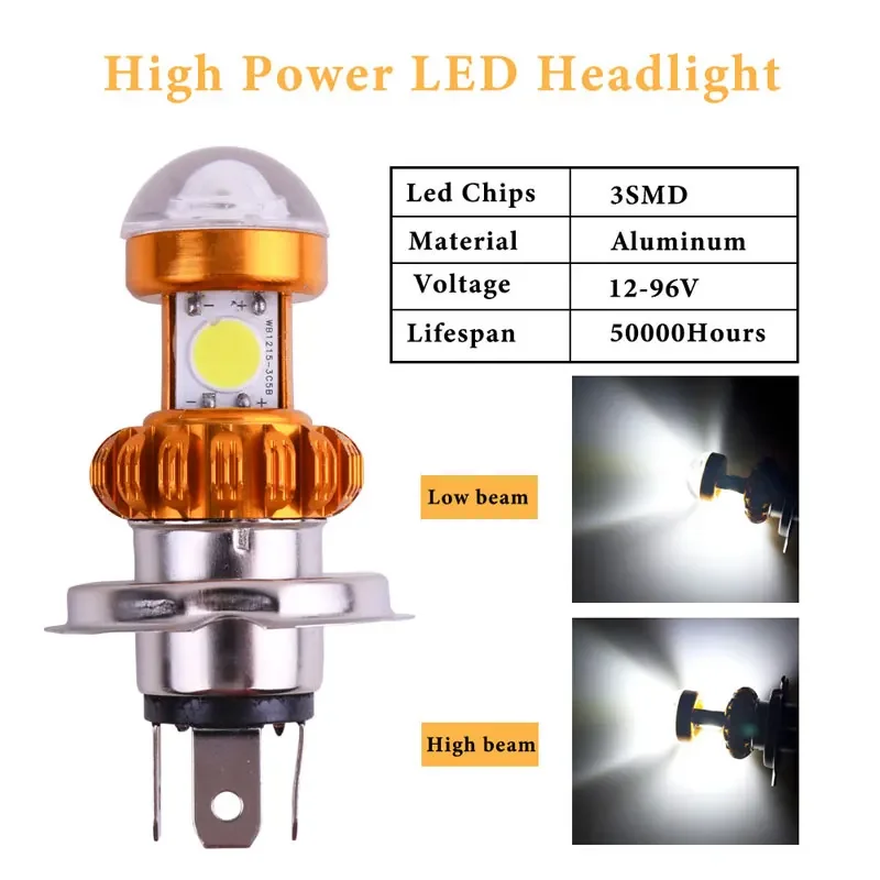 1PC BA20D 3SMD Motorcycle Headlight Hi/Low Scooter Bulb COB Bulb 12V Lamp Motor Fog Headlamp Motorcycle Super Bright