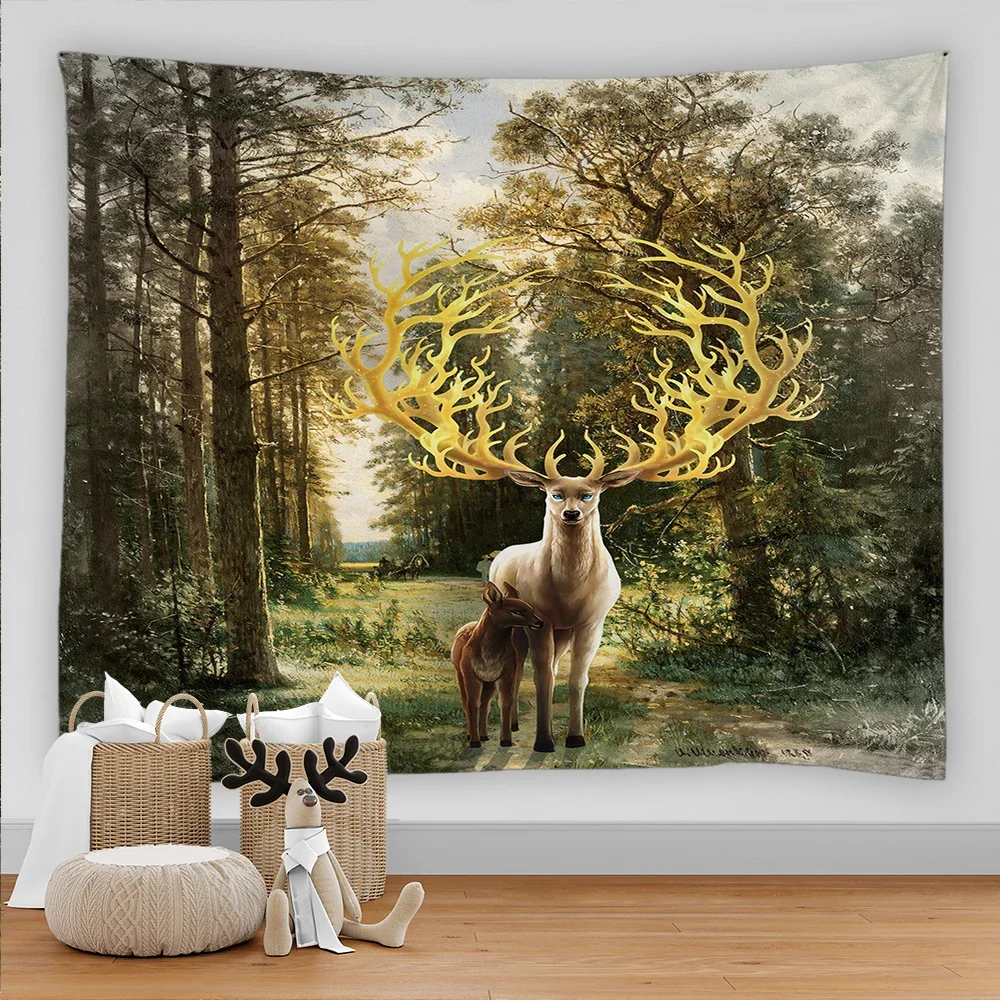 Elk tapestry hanging wall psychedelic forest wildlife theme reindeer pattern landscape home decoration tapestry