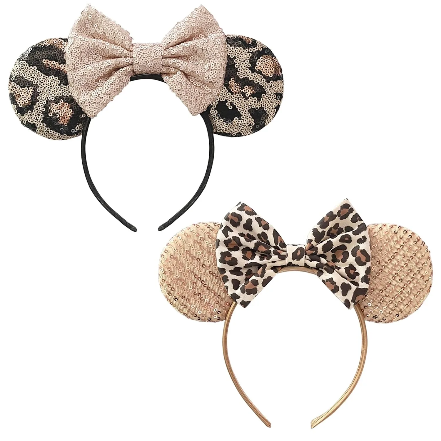 

2pcs Leopard Print Mouse Ear Hairband Elegant Performance Women Headpiece Sequin Bow Headband Party Travel Wear Decoration Gifts