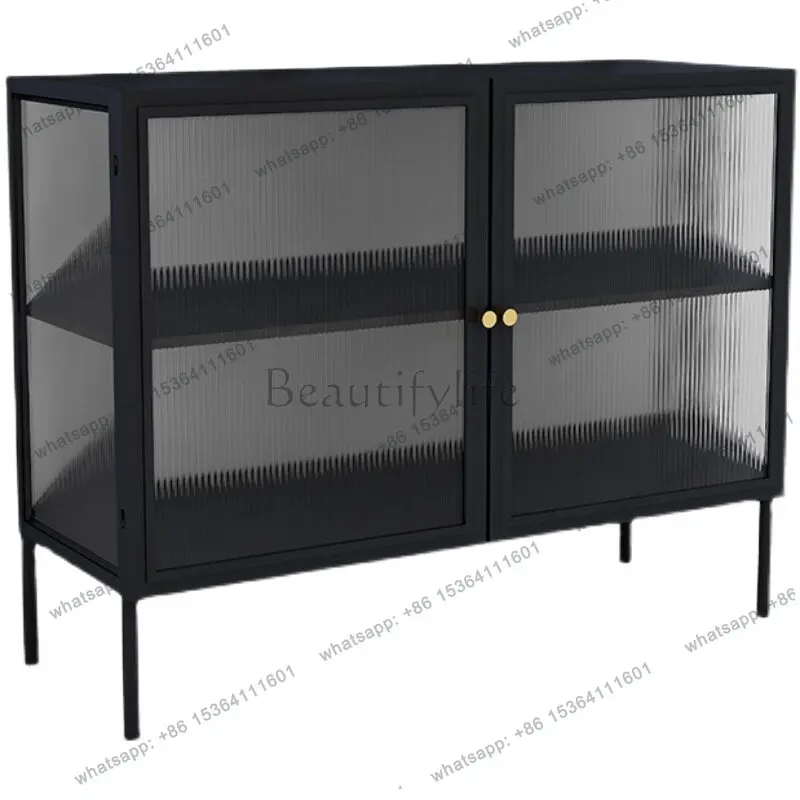 

Nordic simple side cabinet tempered glass restaurant storage wrought iron tea wine cabinet household