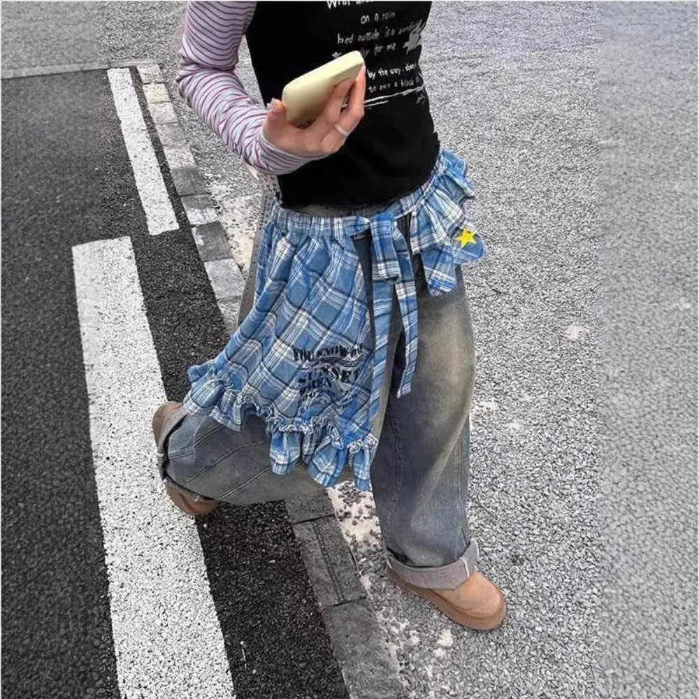 Jeans Pants Decor Personalized Lace Mini Skirt Irregular Y2K Streetwear Ruched Skirts Lace-up Design High Waist Pleated Skirts