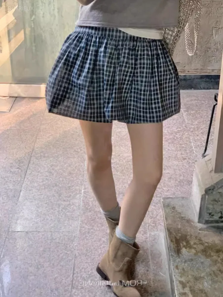 Vintage Age-reducing Skirts Plaid Puffy Skirt Female Faldas Para Mujeres Summer New Mini Skirt Korean Fashion Clothing