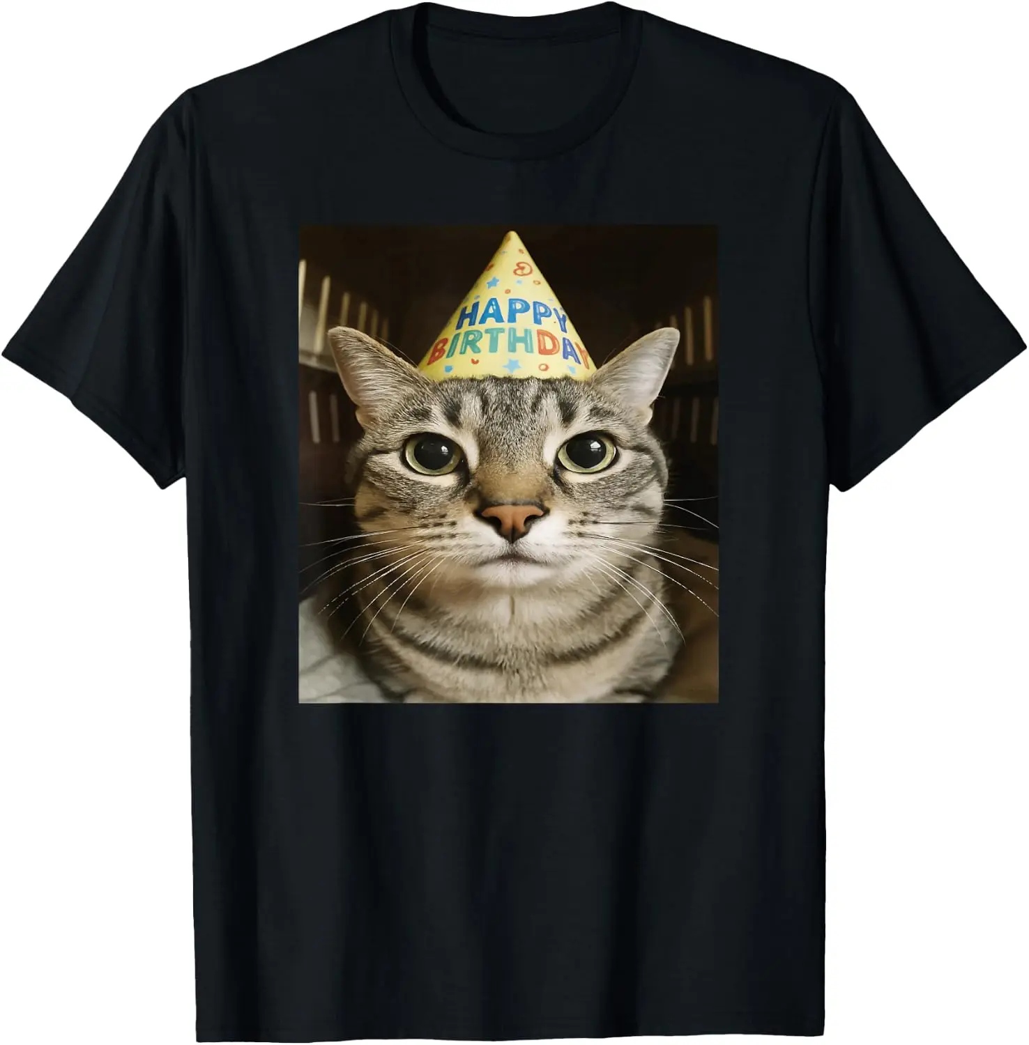 Funny Staring Meme Cat Birthday Greeting Adults, Boys, Girls T-Shirt 100% Cotton Trendy Y2K Short-Sleeve Tee-Soft, Quick-Drying,