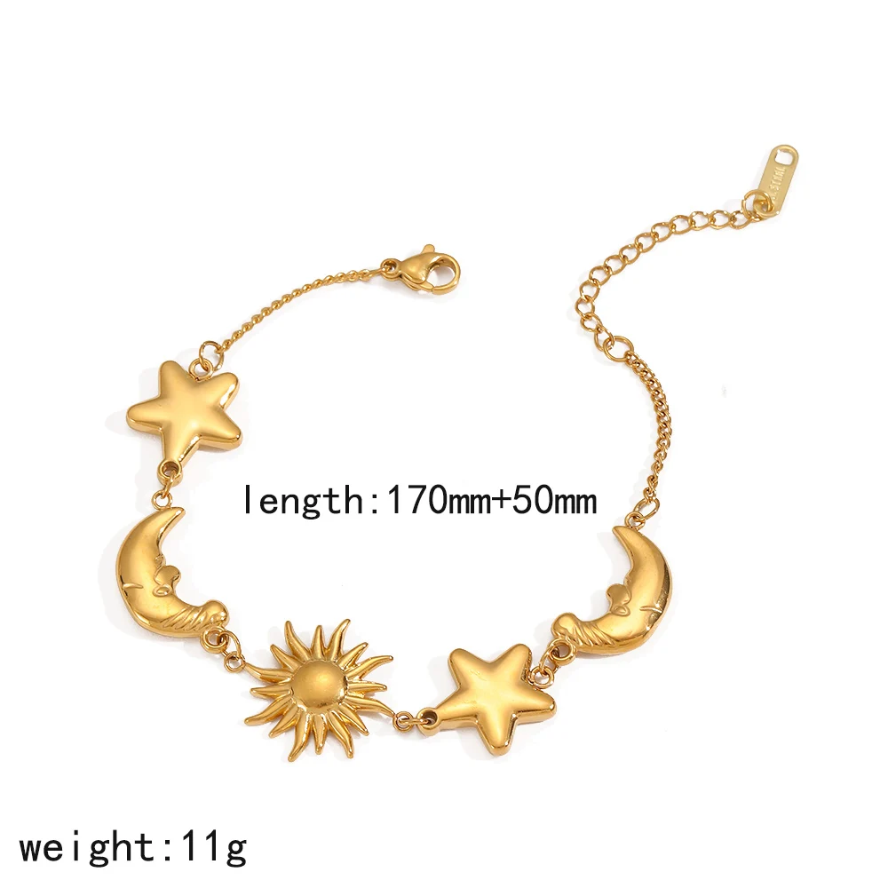 Elegantes, glattes Edelstahl-Stern-Mond-Armband, 18K vergoldet, stapelbares Sonnenarmband, Schmuckgeschenk für Frauen – Detail 7