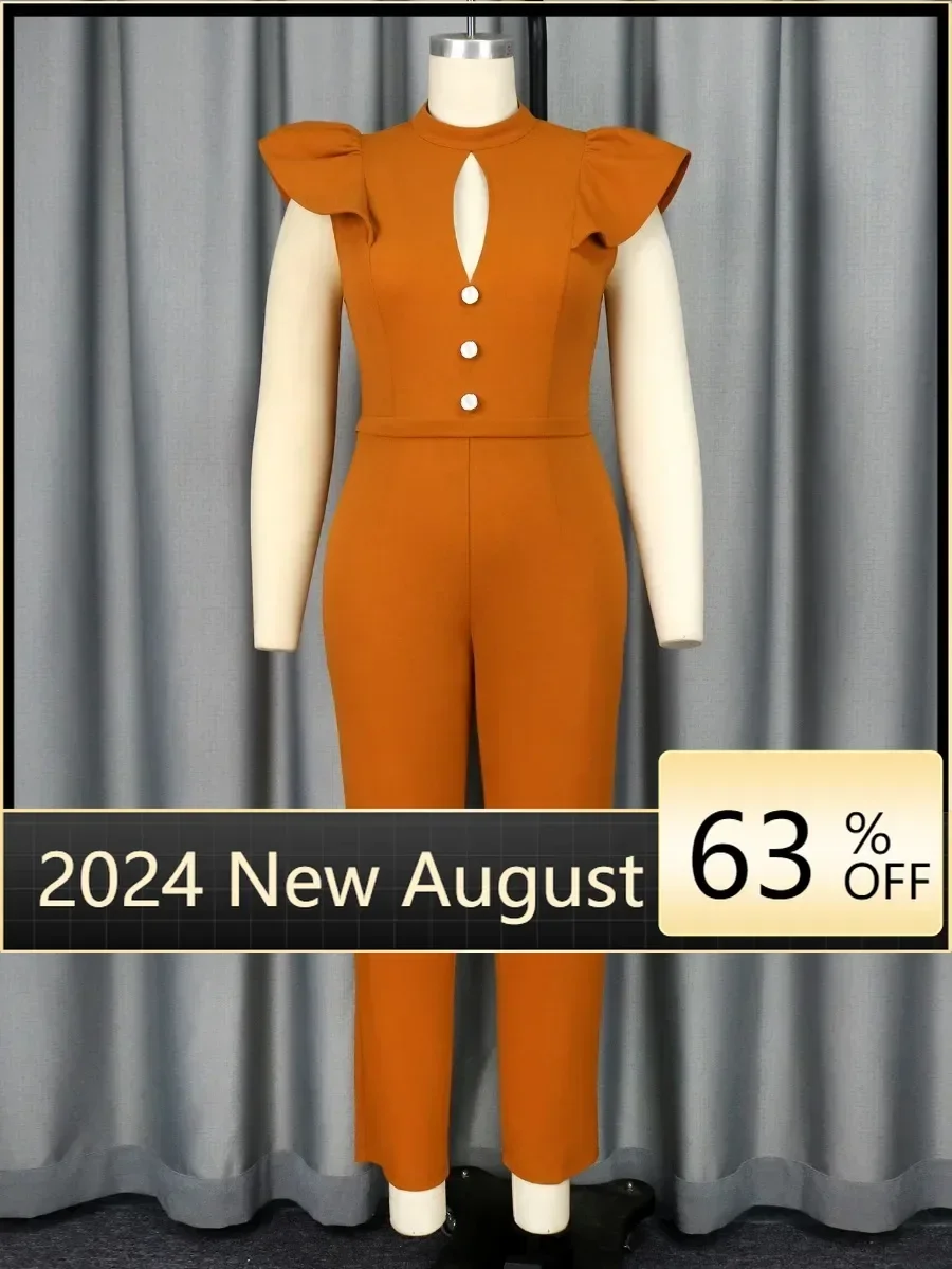 Women Brown Jumpsuit Sexy Cut Out Chest Slim Buttons Ruffles High Waist One Piece Formal Evening Event Rompers Plus Size