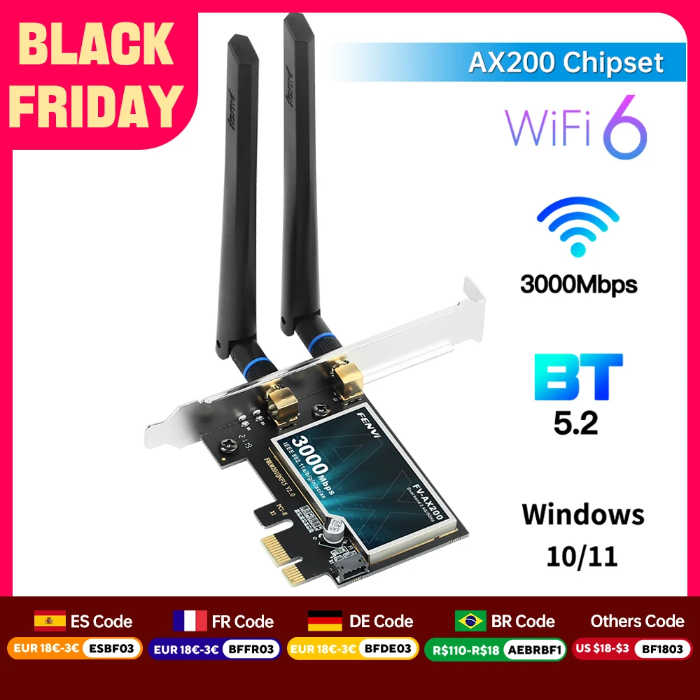 

Wi-Fi-адаптер WiFi6 AX200 PCIE, 2974 Мбит/с, 2,4 ГГц/5 ГГц
