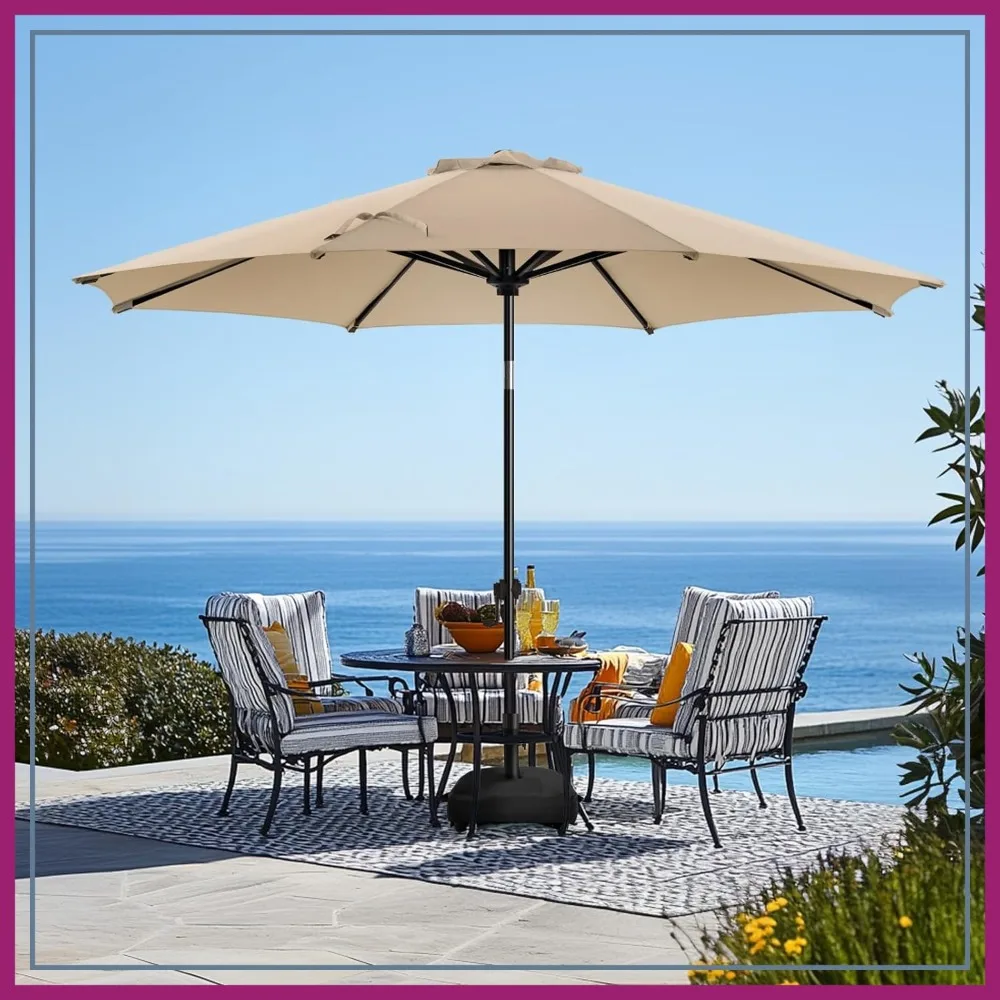 

9 FT Patio Umbrella with Base, Outdoor Umbrella with 8 Ribs, Waterproof Fade Resistant Canopy for Deck, Garden, Backyard, Beige