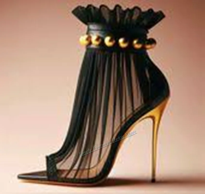 

Sexy Woman Black Mesh with Gold Stud Thin High Heel Sandal Boots Open Pointed Toe Stilettos Heels Summer Ankle Boots Shoes