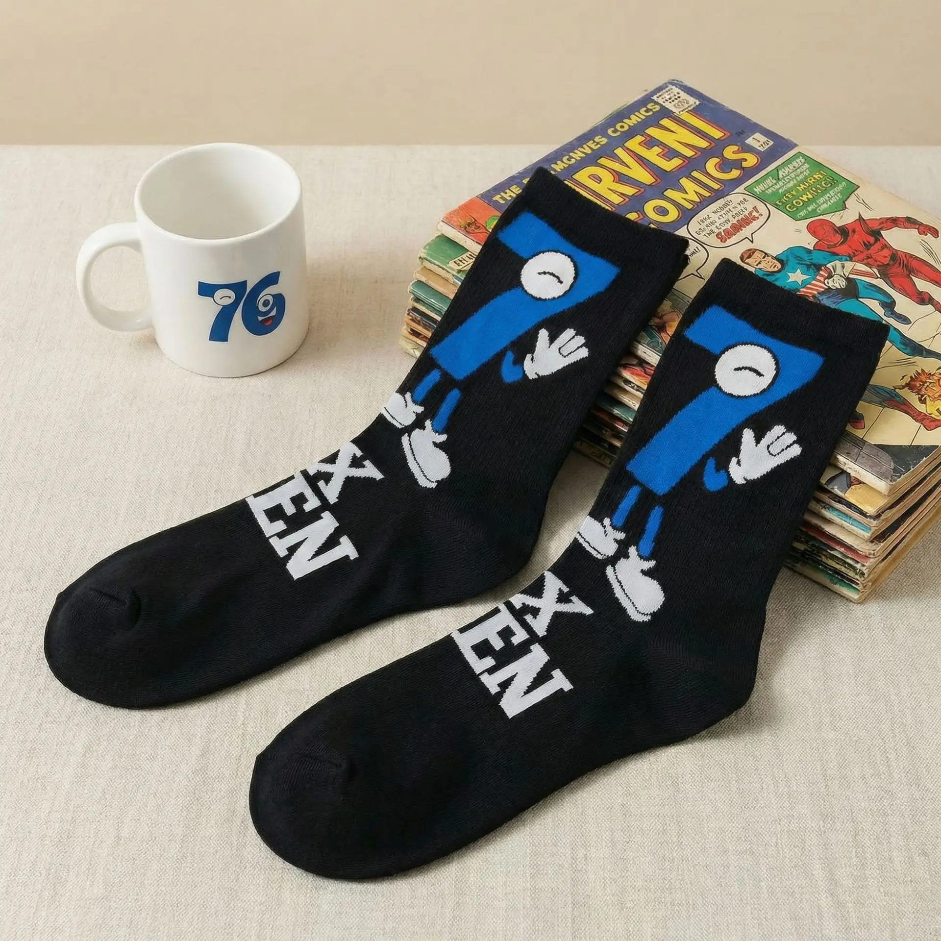 Cross Border New Arrival 67 Cartoon Number Socks Funny Letter Mens Mid Calf Socks