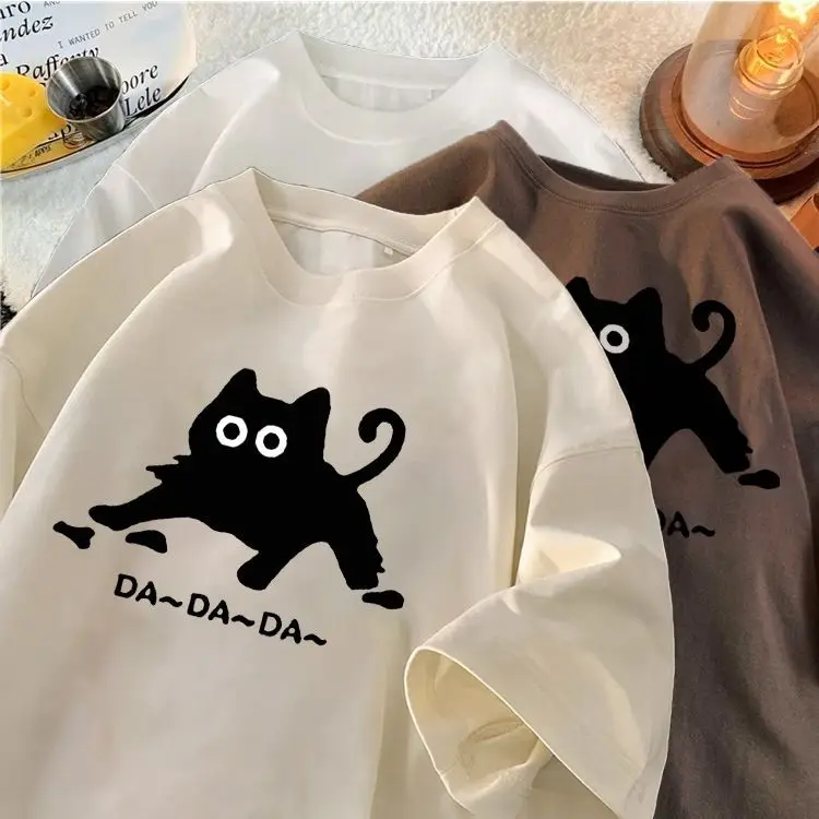 

Korean Minimalist Cat Letter Printed Short Sleeved T-shirt for Women Summer T-shirt Oversize Loose Casual Round Neck Clothes