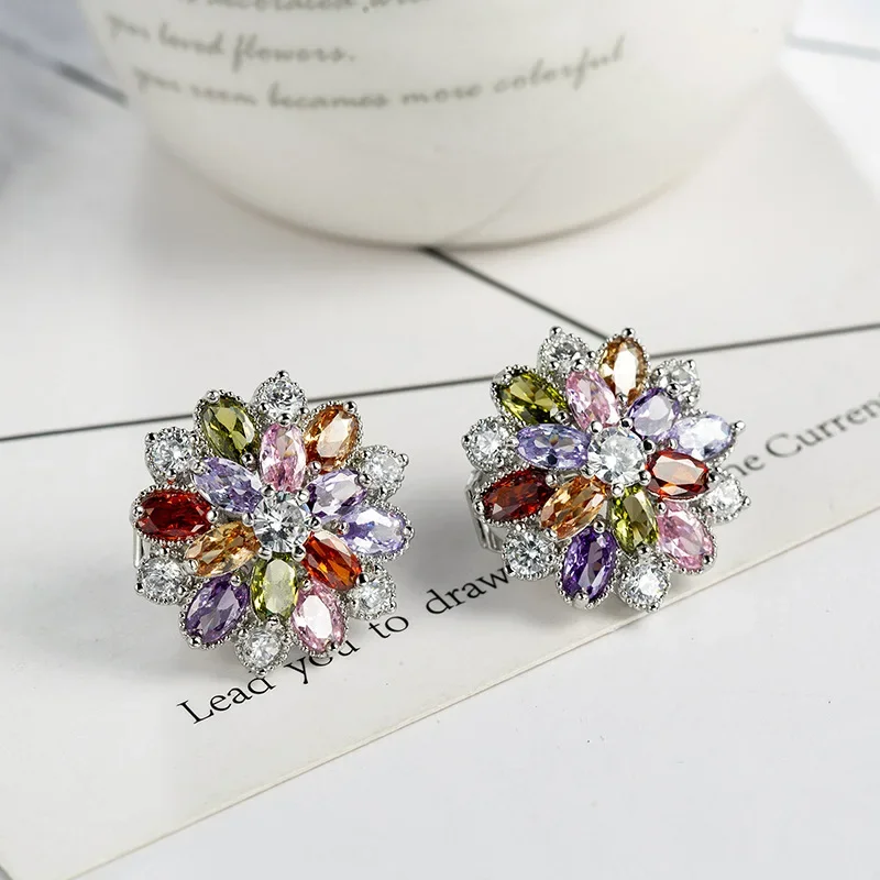 SODROV Luxury Rainbow Jewelry Colorful Crystal Zircon Earrings for Women Clip Earrings Without Ear Hole