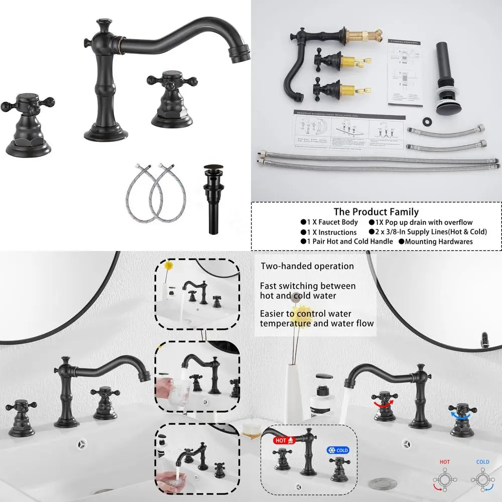 

Oil Rubbed Bronze Widespread 8-16 Inch Bathroom Sink Faucet with 3 Holes, Mixer Tap, Hose, and Pop-Up Drain Included