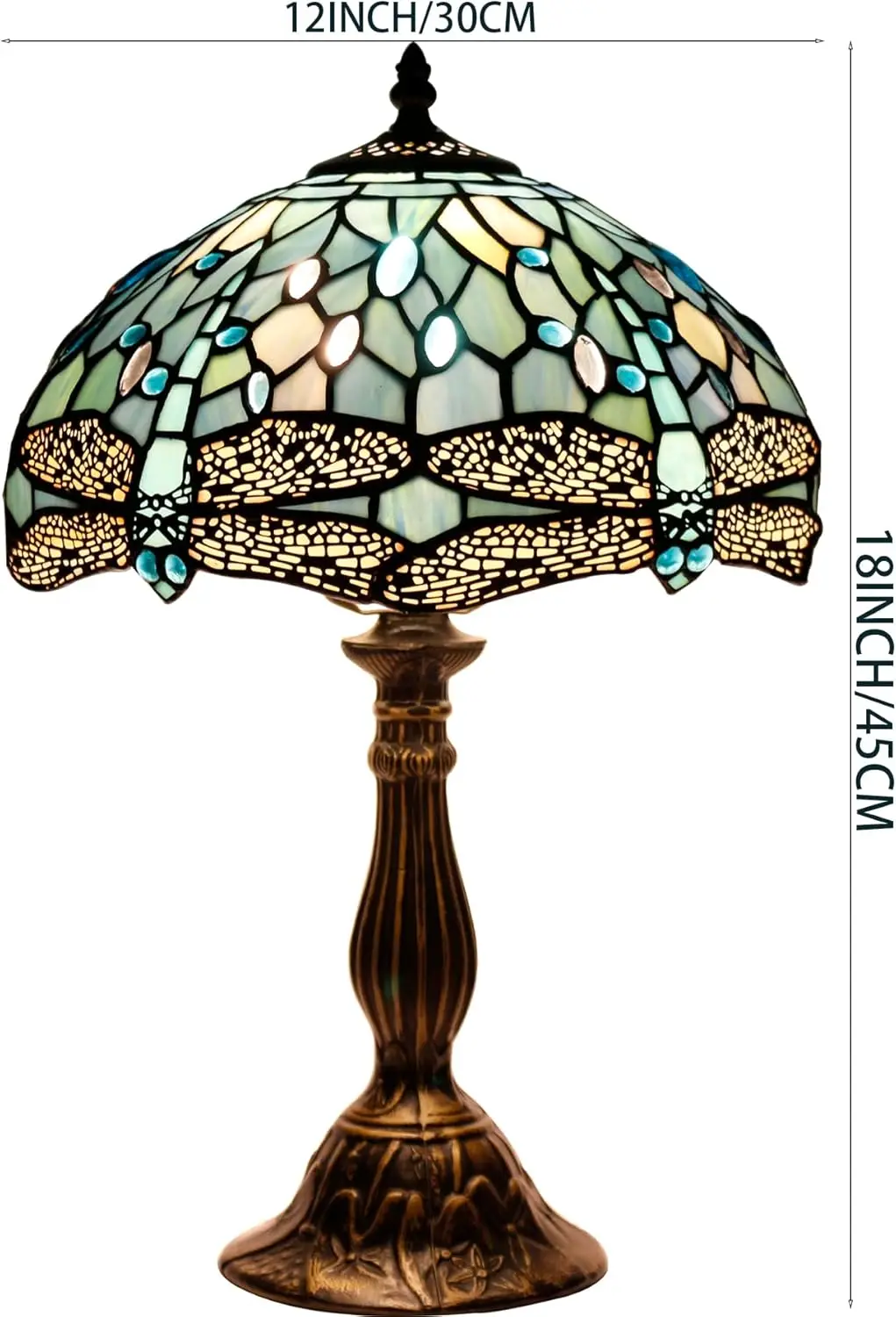 Tiffany Style Sea Blue Stained Glass Table Lamp with Dragonfly Design, 12x12x18 Inches, Desk Reading Light