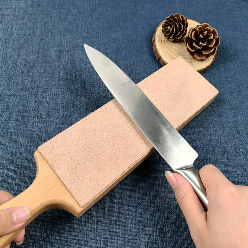 315mm Wooden Handle Knife Sharpener Double Sided Leather Honing Strop Polishing Compound