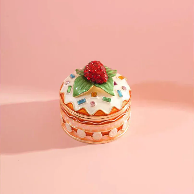 Strawberry Cake Trinket Boxes Hinged Crystal Jeweled Enamel Trinket Jewelry Box Collectibles Gifts