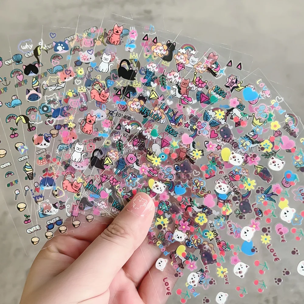 1Pc Cartoon Cat Rabbit Animal Nail Stickers 3D Cute Cherry Lemon Fruit Adhesive Decals Heart Butterfly Floral Manicure Sliders